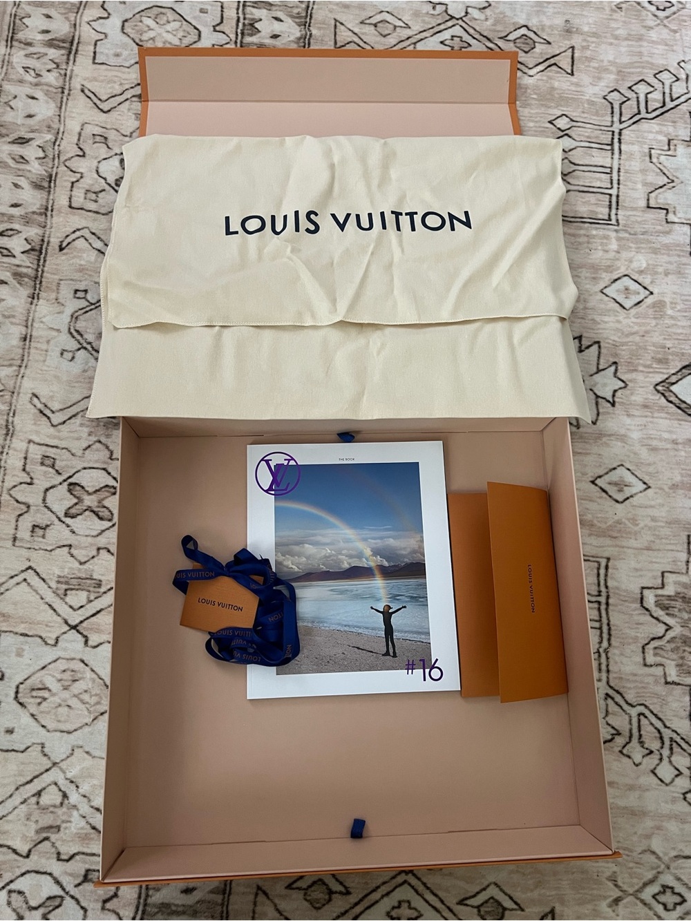 Louis Vuitton Cream Dust Bag with Orange Presentation Box and Blue Ribbon